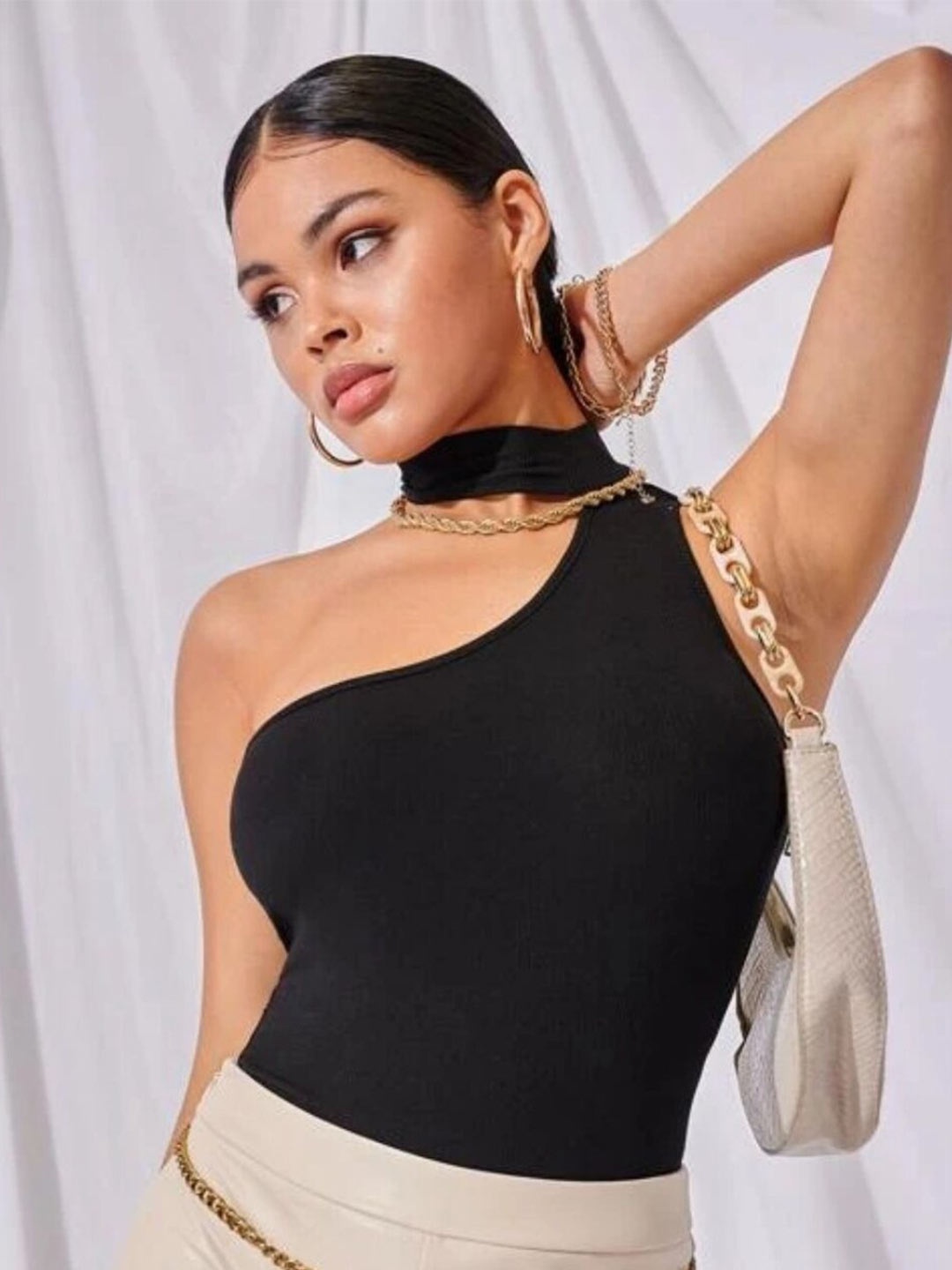 

Styched High Neck One Shoulder Cut Out Detail Fitted Top, Black