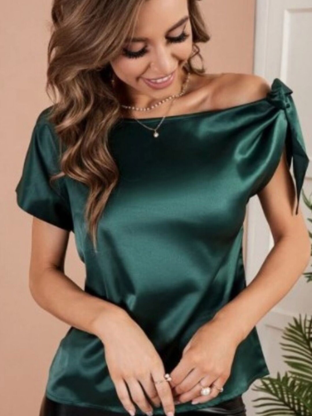 

Styched Off-Shoulder Tie-Up Satin Top, Green