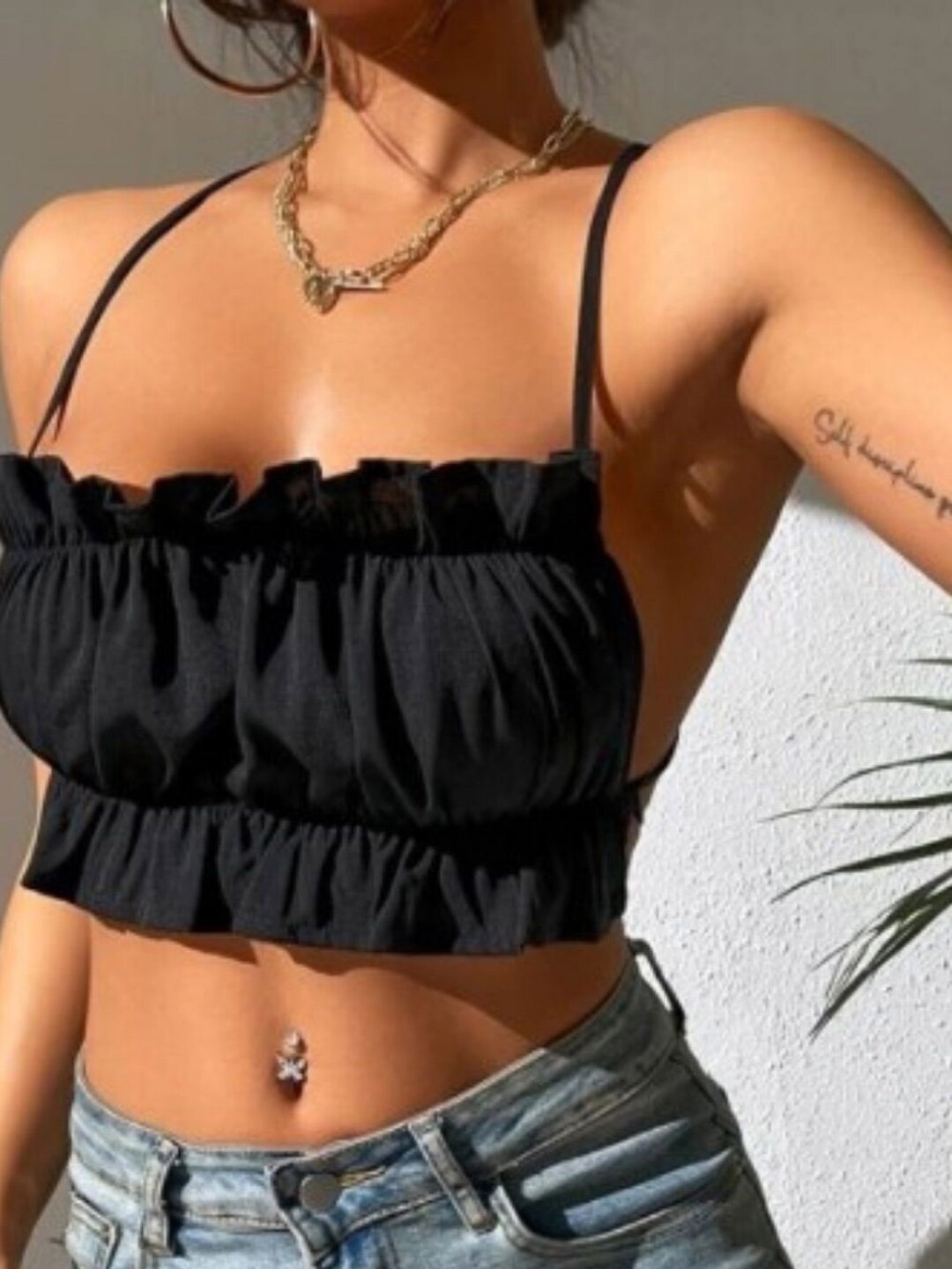 

Styched Shoulder Straps Tie-Up Cotton Bralette Crop Top, Black