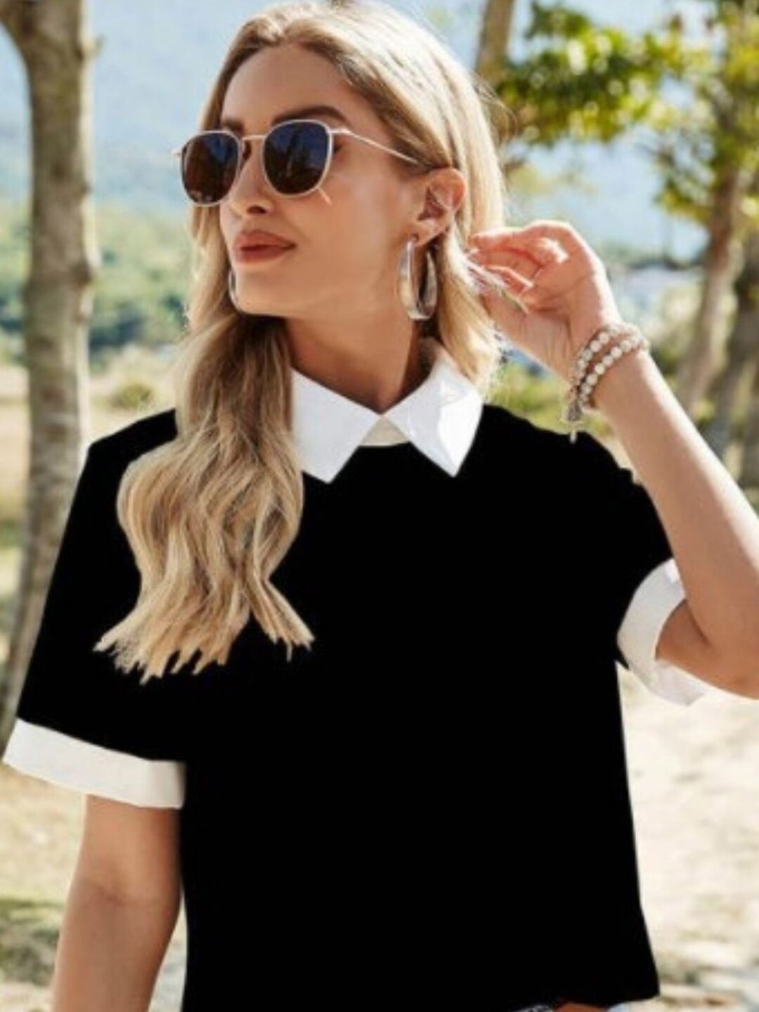 

Styched Shirt Collar Cotton Top, Black