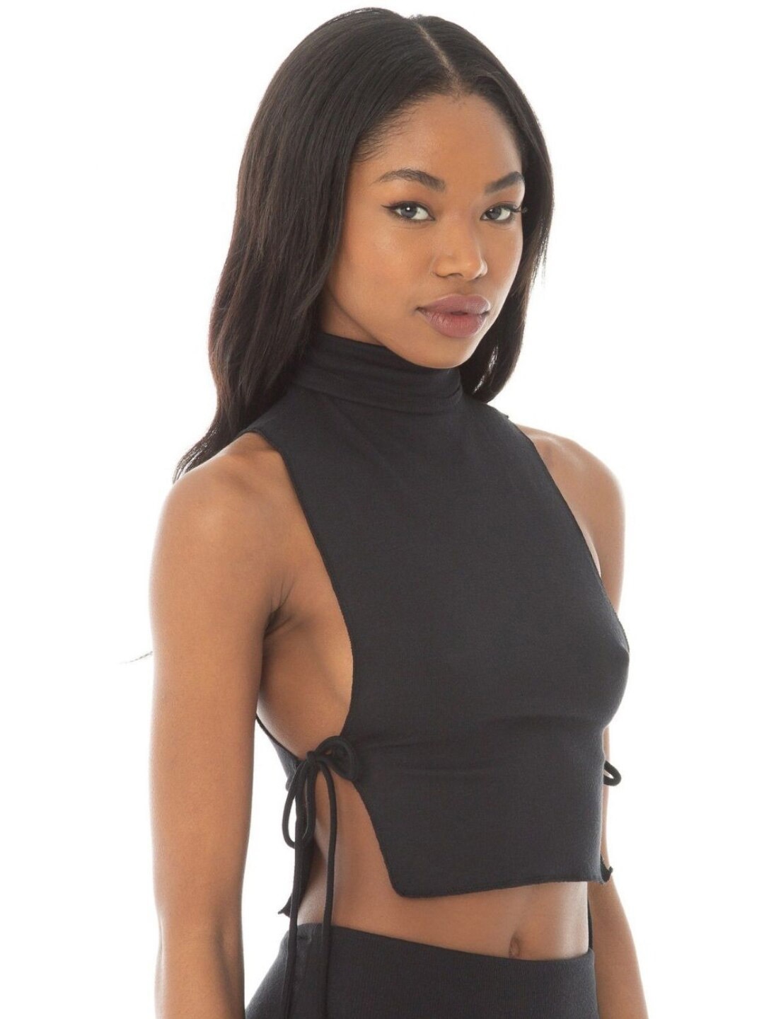 

Styched High Neck Tie Ups Fitted Crop Cotton Top, Black
