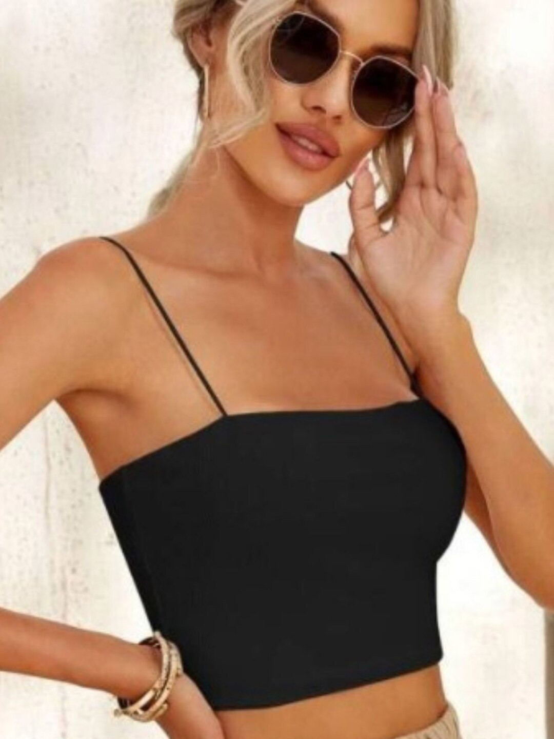 

Styched Shoulder Straps Cotton Tube Top, Black