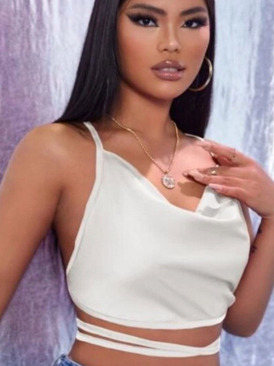

Styched Cowl Neck Shoulder Straps Waist Tie Ups Styled Back Crop Top, White