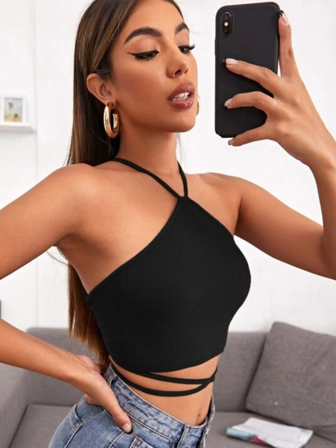 

Styched Halter Neck Cotton Styled Back Crop Top, Black