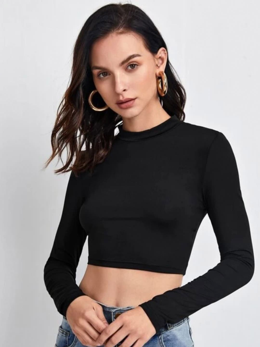 

Styched High Neck Fitted Crop Top, Black