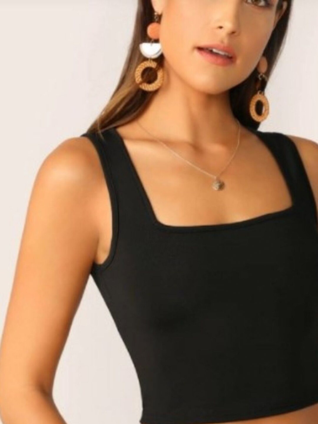 

Styched Square Neck Cotton Crop Fitted Top, Black