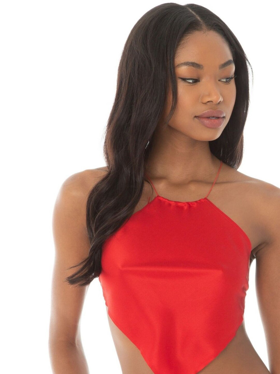 

Styched Halter Neck Satin Styled Back Crop Top, Red