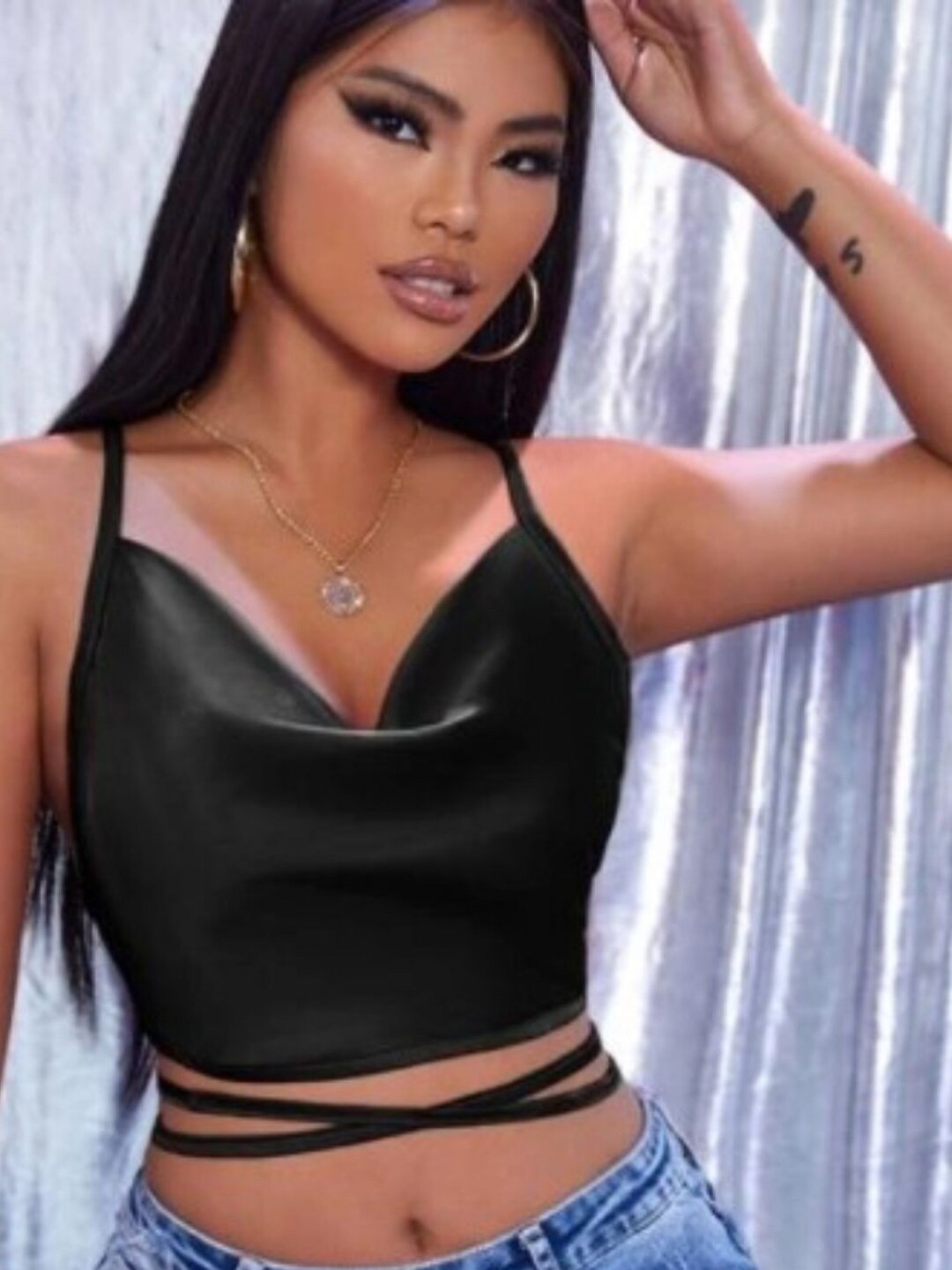 

Styched Shoulder Strapped Cowl Neck Crop Top With Waist Tie-ups, Black