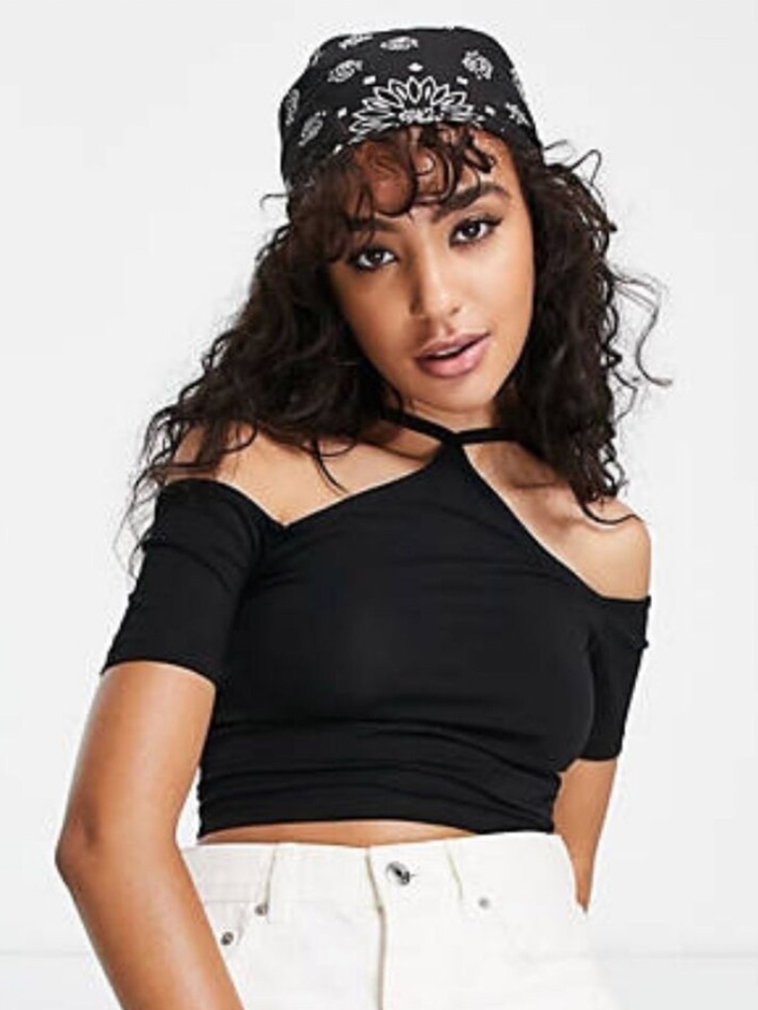 

Styched Halter Neck Cotton Bardot Crop Top, Black