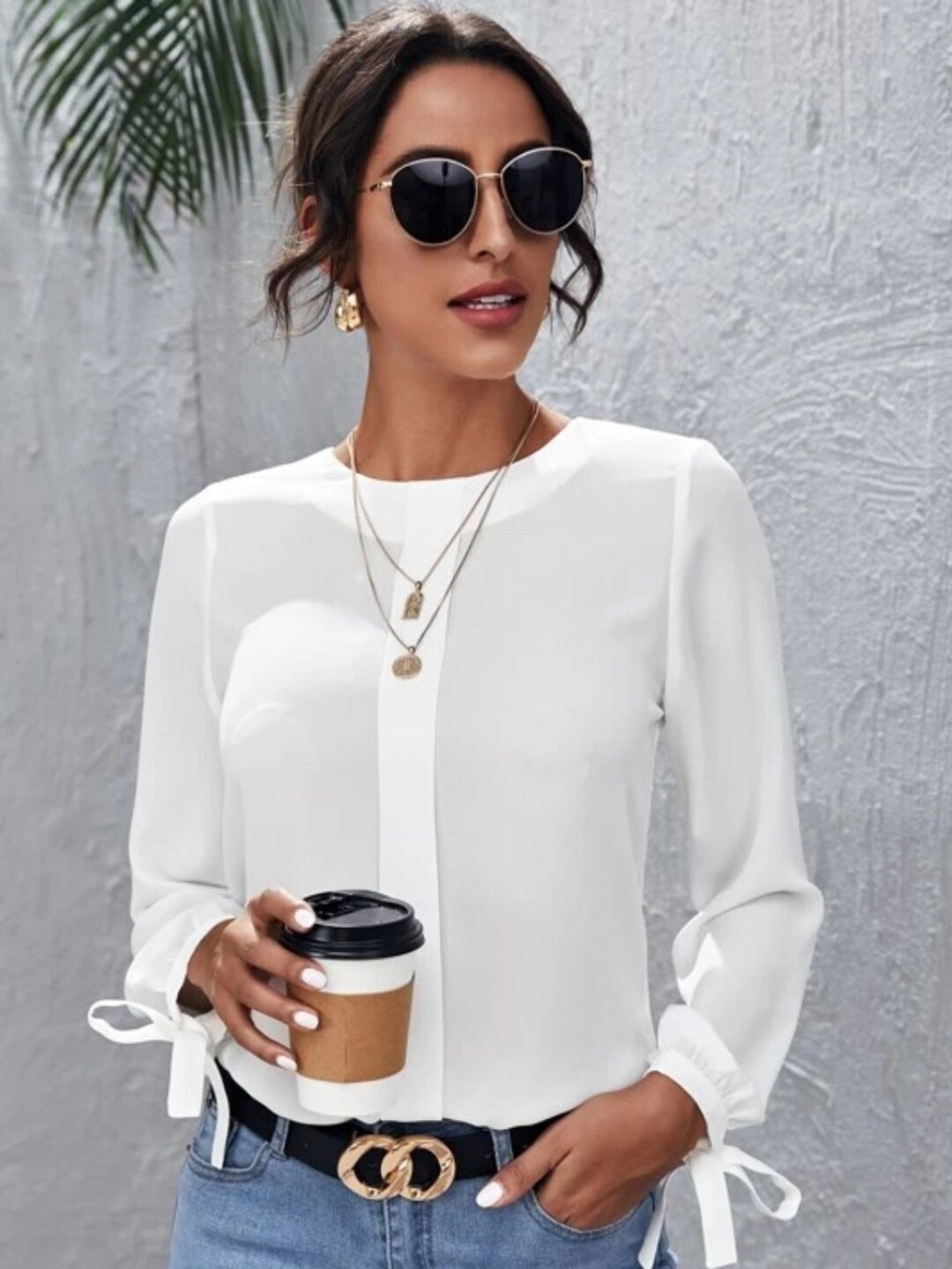 

Styched Puff Sleeves Tie Ups Detail Top, White