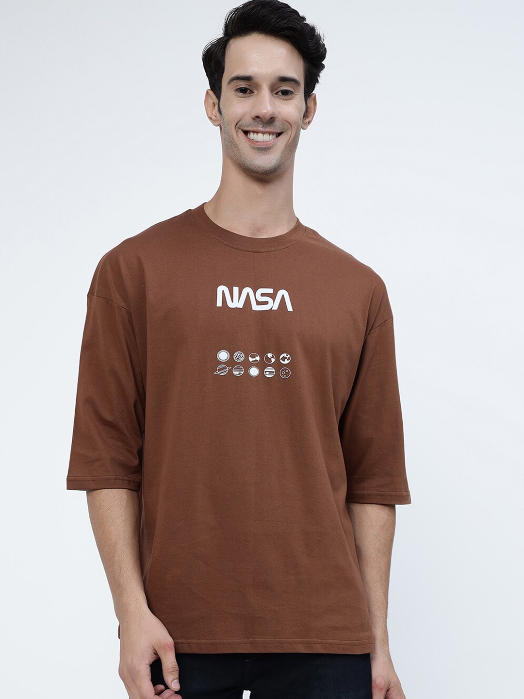 Gavin Paris Graphic NASA Printed Drop Shoulder Sleeves Oversized Cotton T-Shirt, Brown