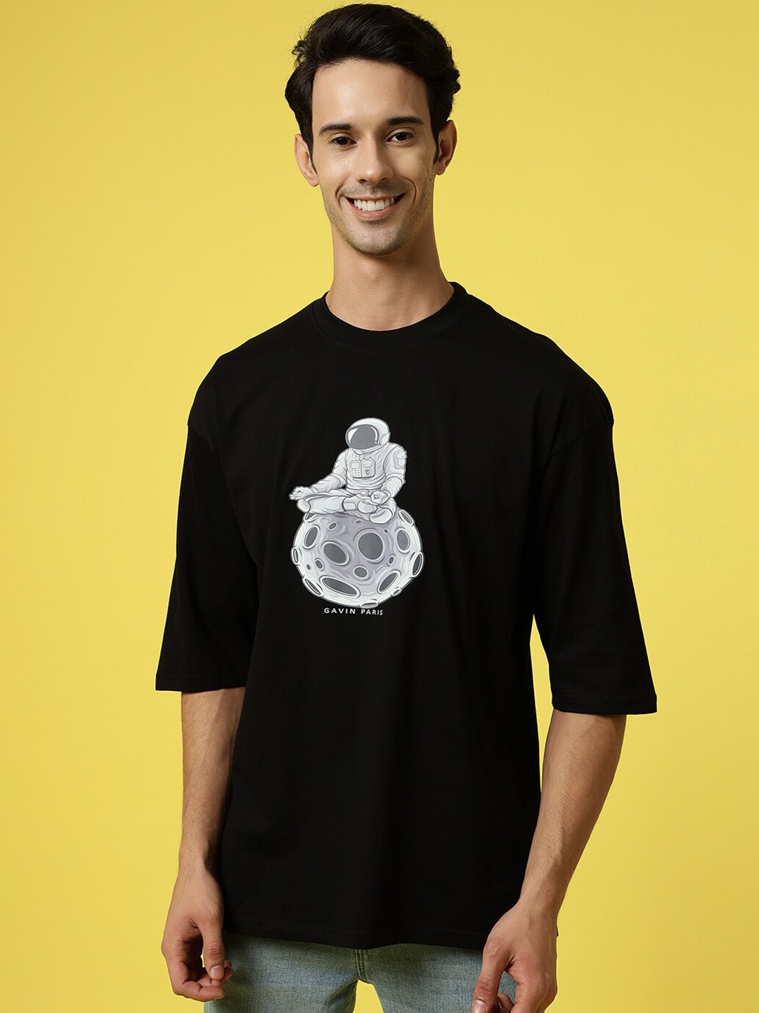 

Gavin Paris Graphic Printed Drop-Shoulder Sleeves Oversized Knitted Cotton T-Shirt, Black