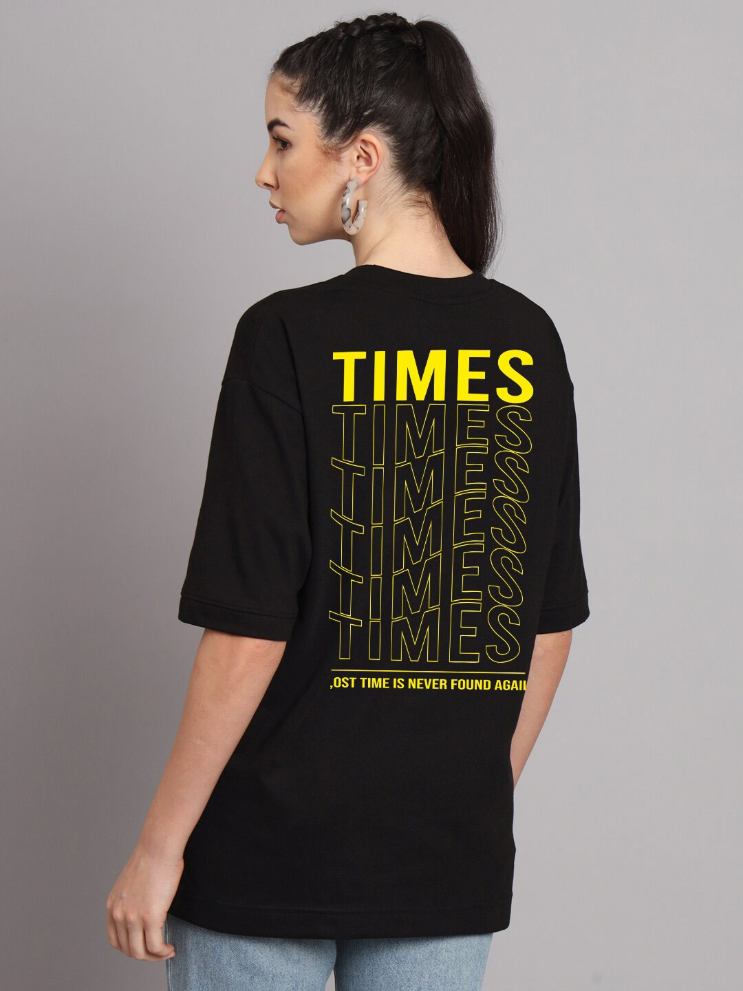 

Imsa Moda Typography Printed Oversized Longline Cotton T-shirt, Black