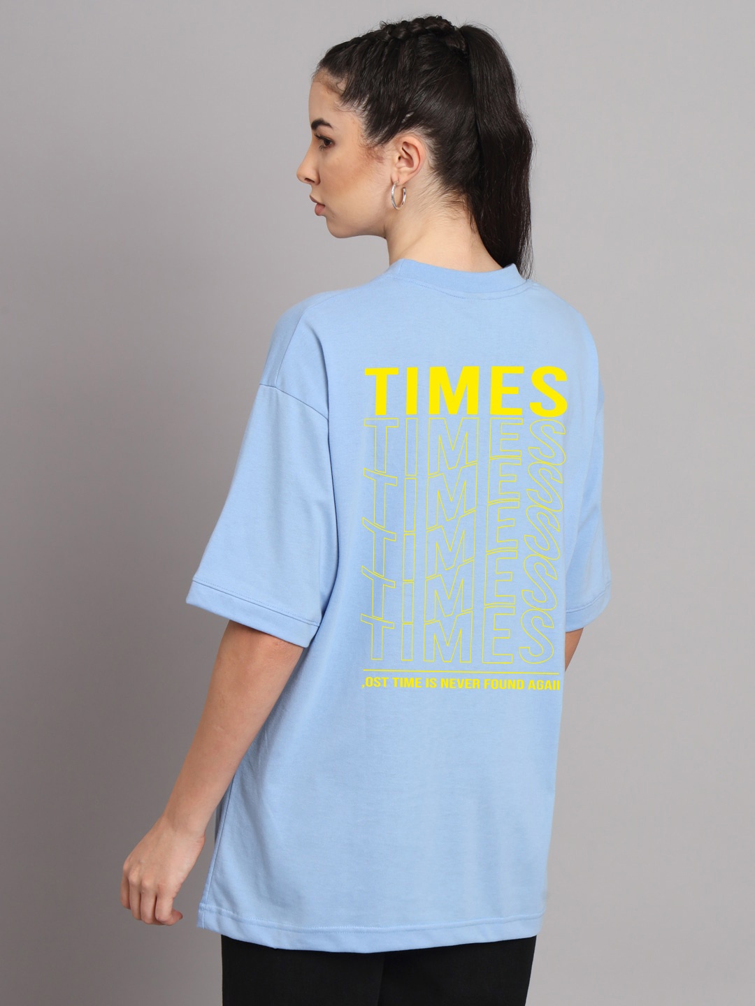 Imsa Moda Typography Printed Oversized Longline Cotton T-shirt, Blue