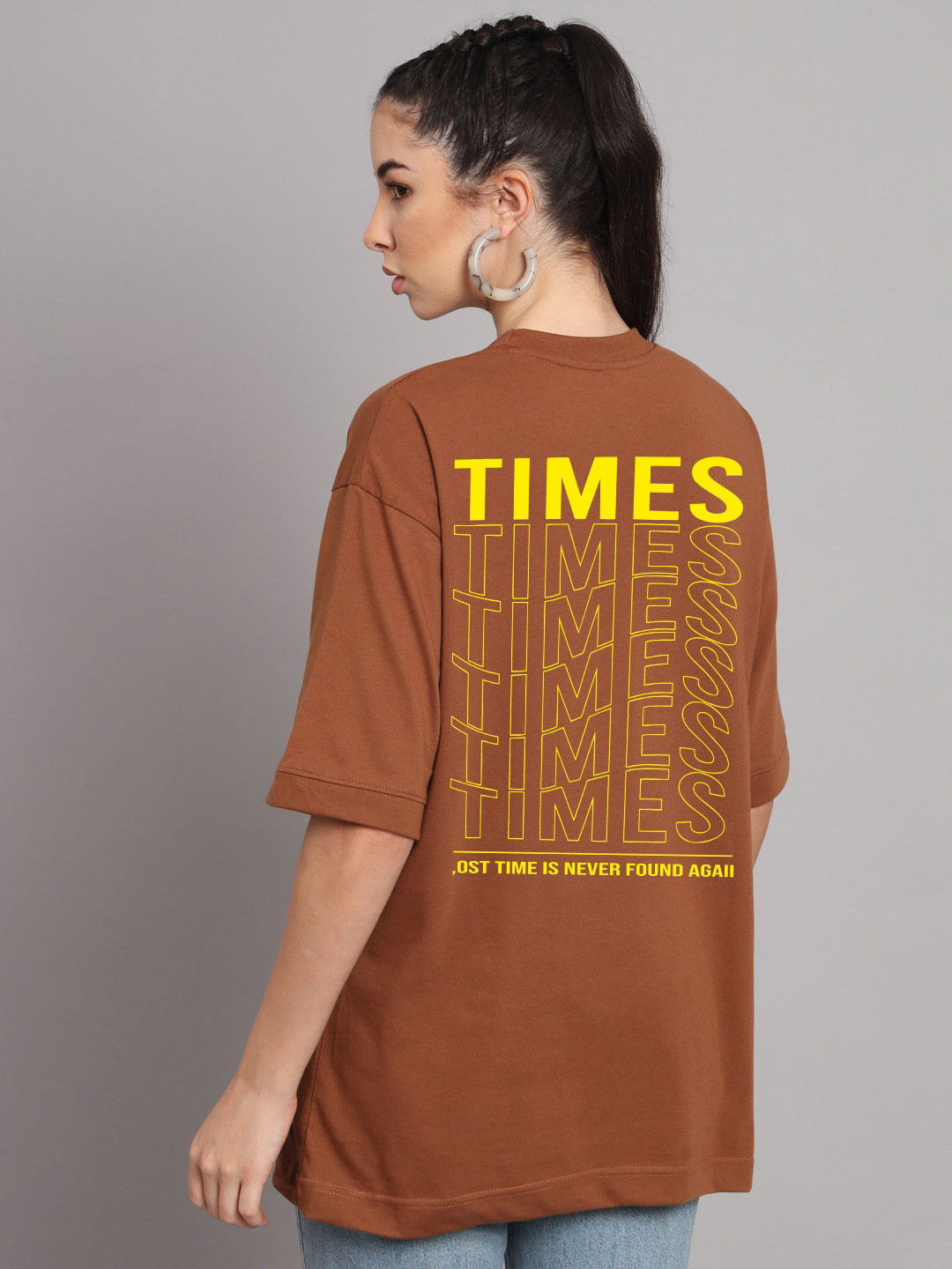 

Imsa Moda Typography Printed Oversized Longline Cotton T-shirt, Coffee brown