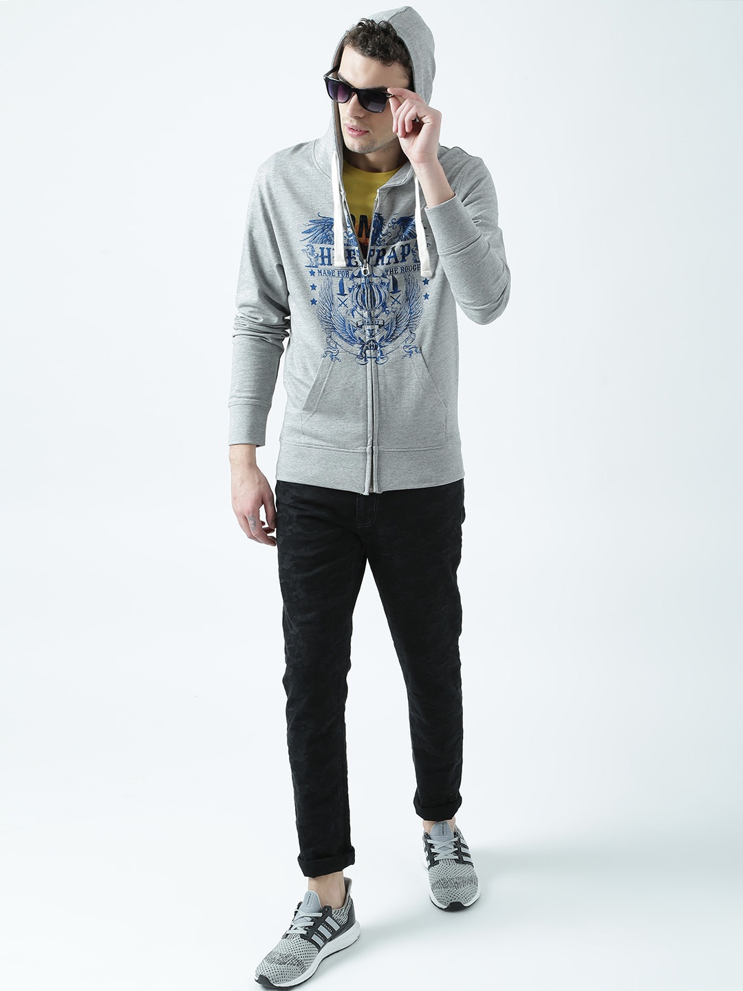 

Huetrap Men Grey Melange Printed Hooded Sweatshirt
