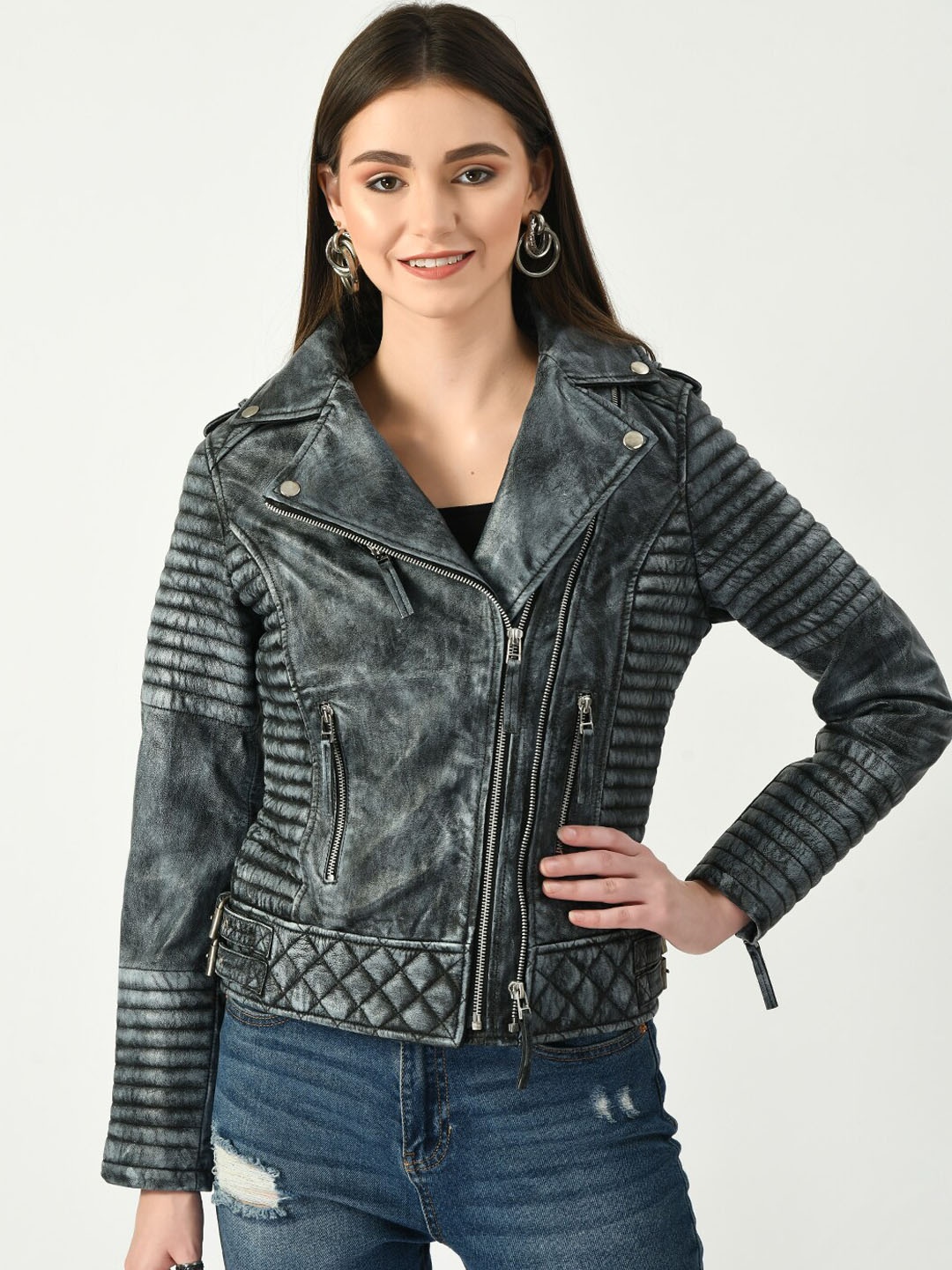 

TBOJ Women Blue Checked Leather Lightweight Longline Open Front Jacket