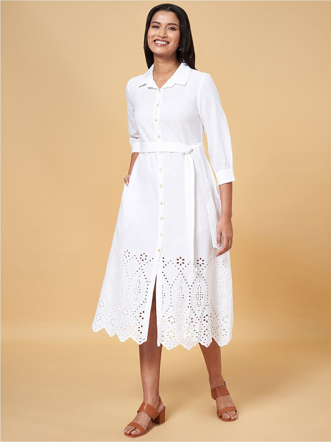 

AKKRITI BY PANTALOONS Self Design Cuffed Sleeves Shirt Midi Dress, White