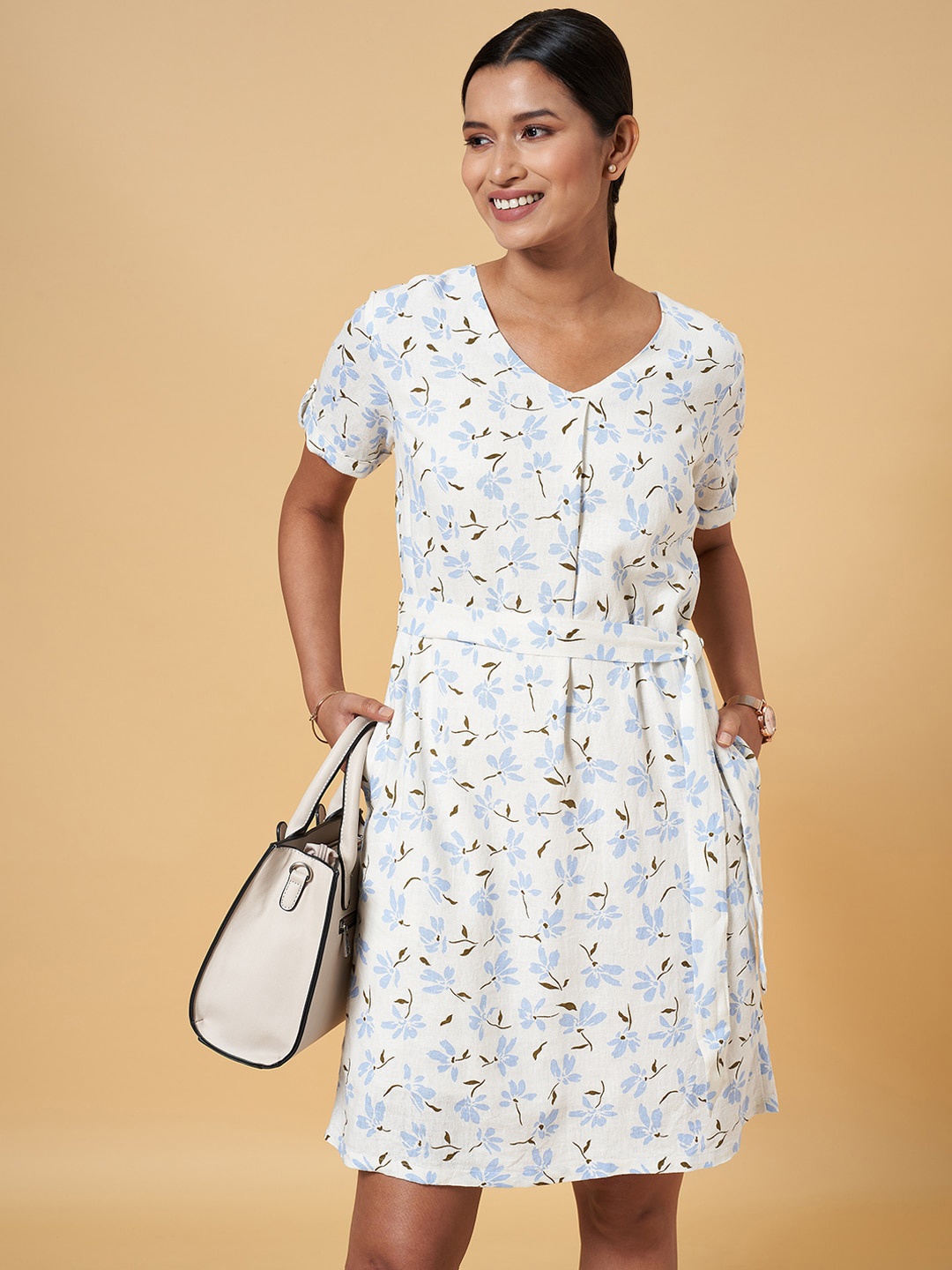 

Annabelle by Pantaloons Floral Printed V-Neck A-Line Dress, White