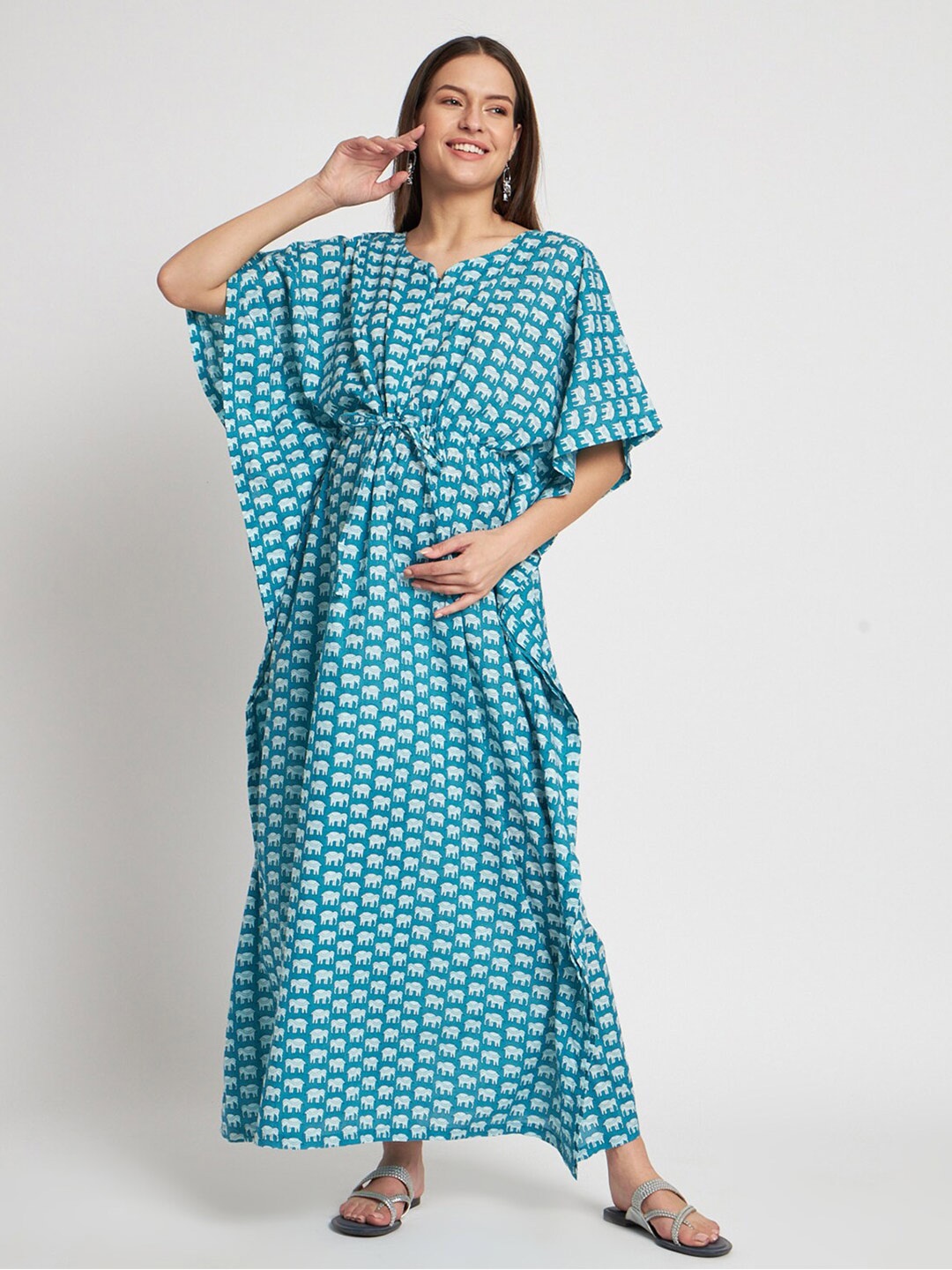 

Aujjessa Conversational Printed V-Neck Pure Cotton Maternity Feeding Kaftan Maxi Dress, Blue