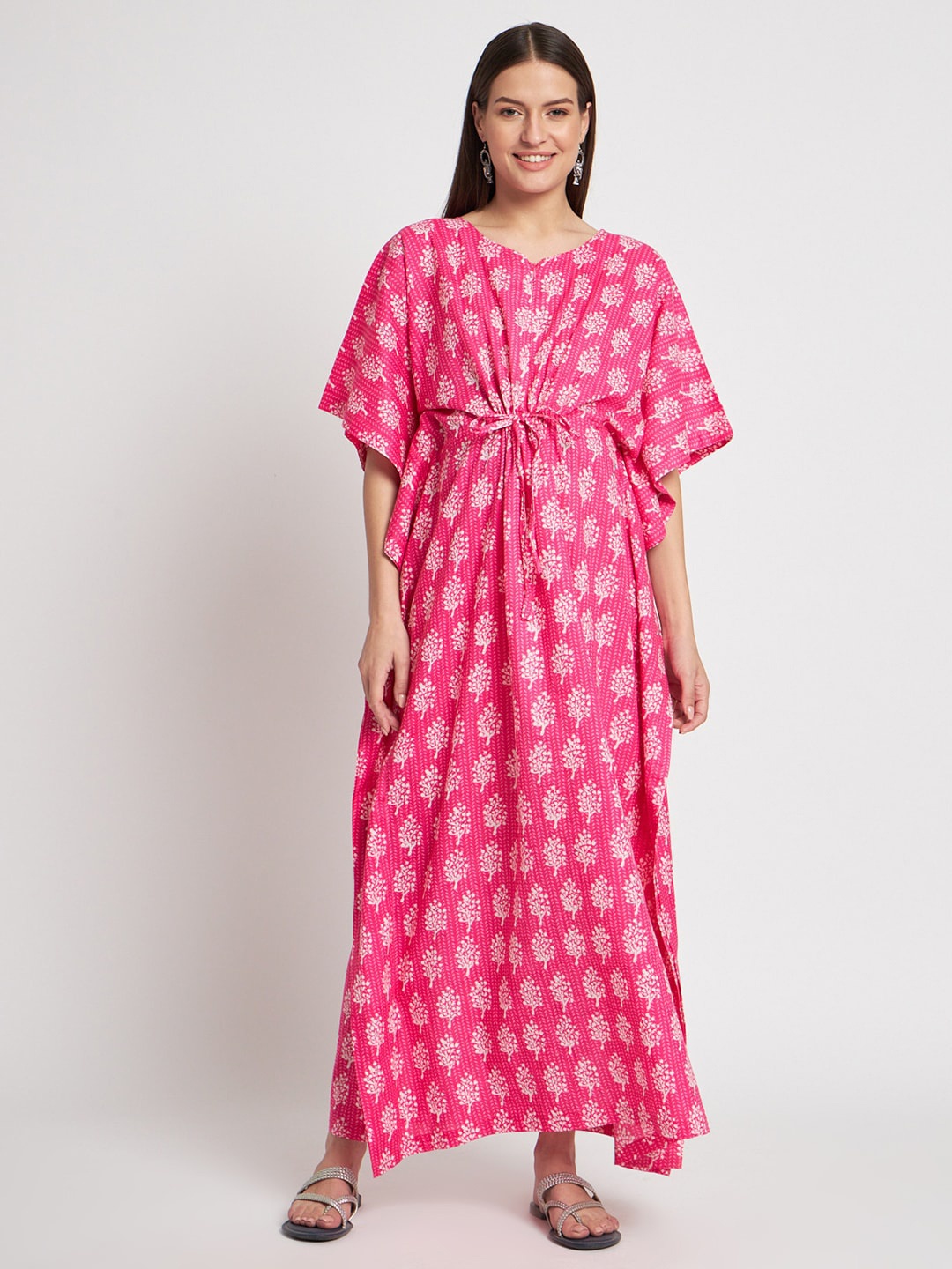 

Aujjessa Floral Printed V-Neck Pure Cotton Maternity Feeding Kaftan Maxi Dress, Pink