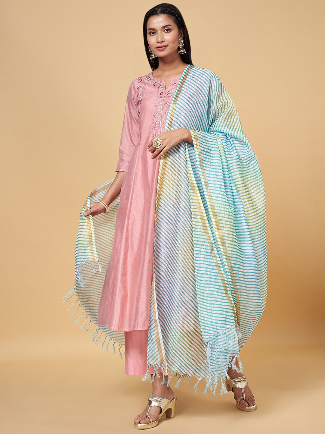 

RANGMANCH BY PANTALOONS Leheriya Printed Zari Dupatta, Turquoise blue