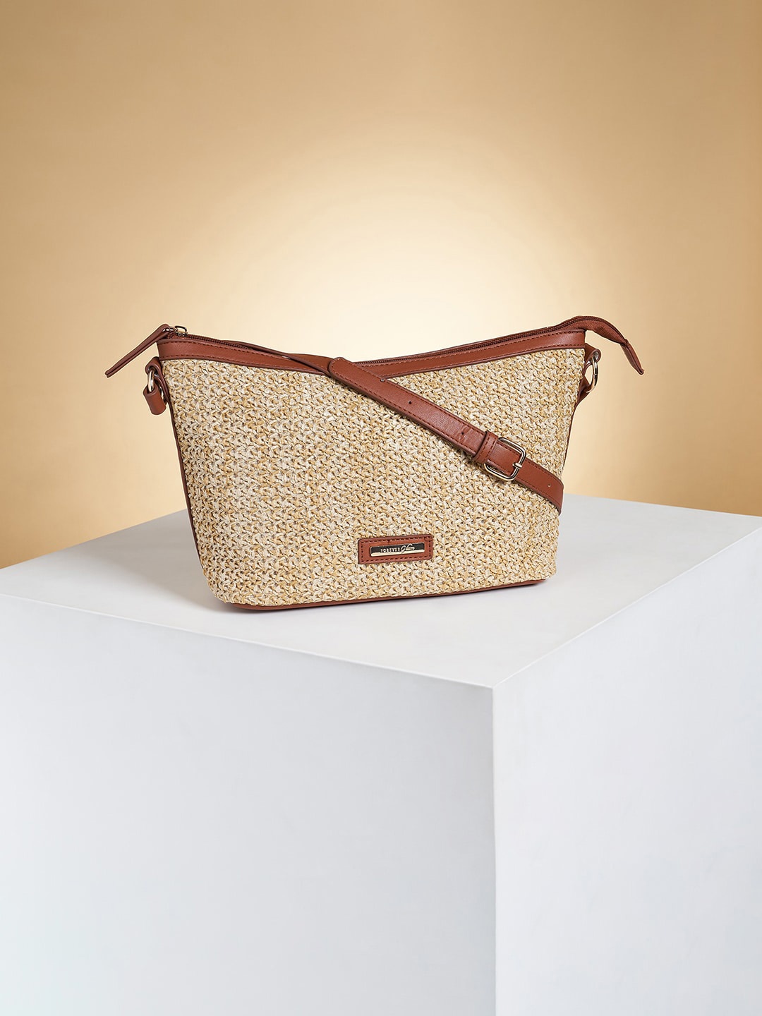 

Forever Glam by Pantaloons Textured Structured Sling Bag, Beige