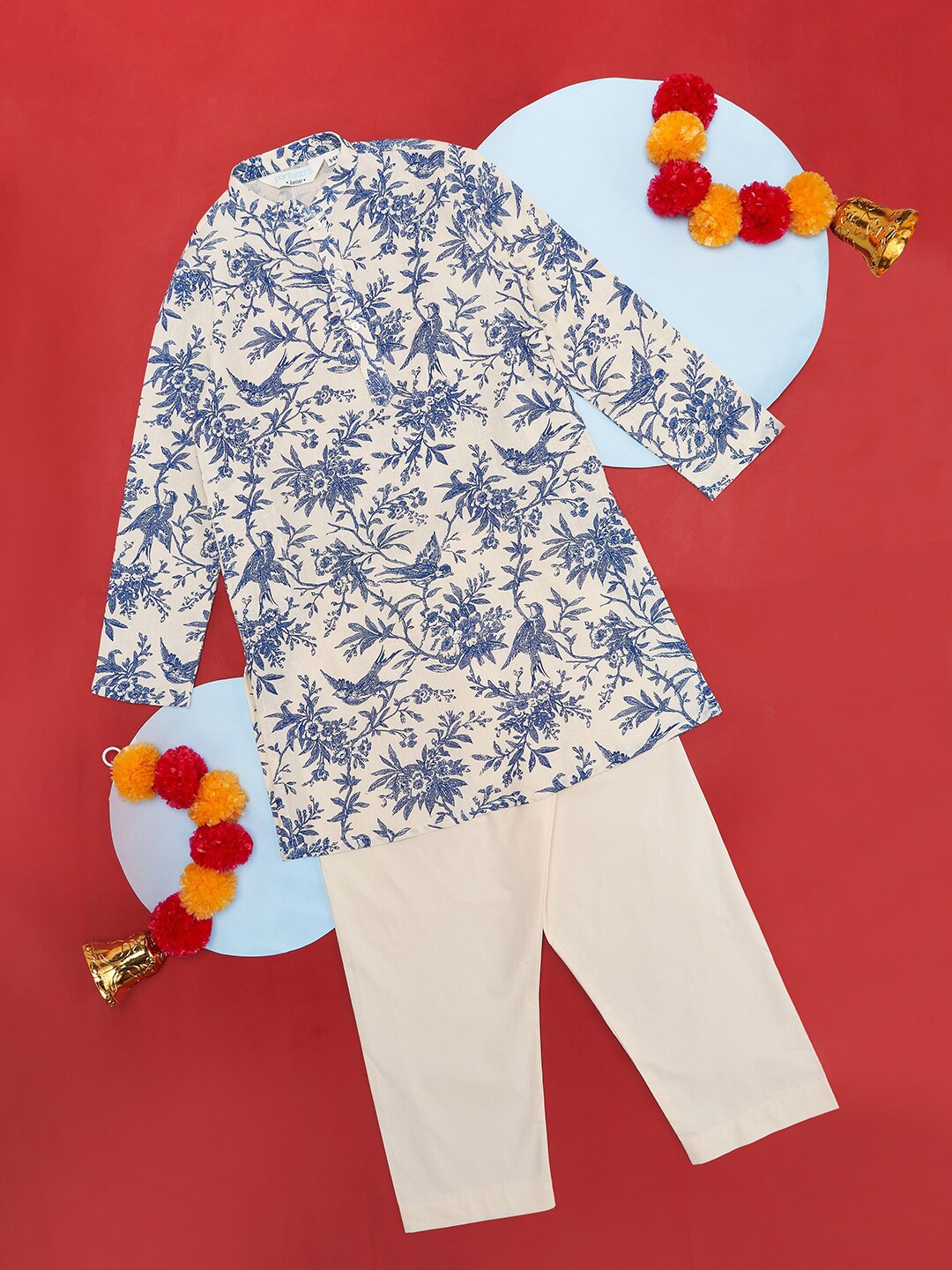 

indus route by Pantaloons Boys Floral Printed Straight Pure Cotton Kurta With Trousers, Off white