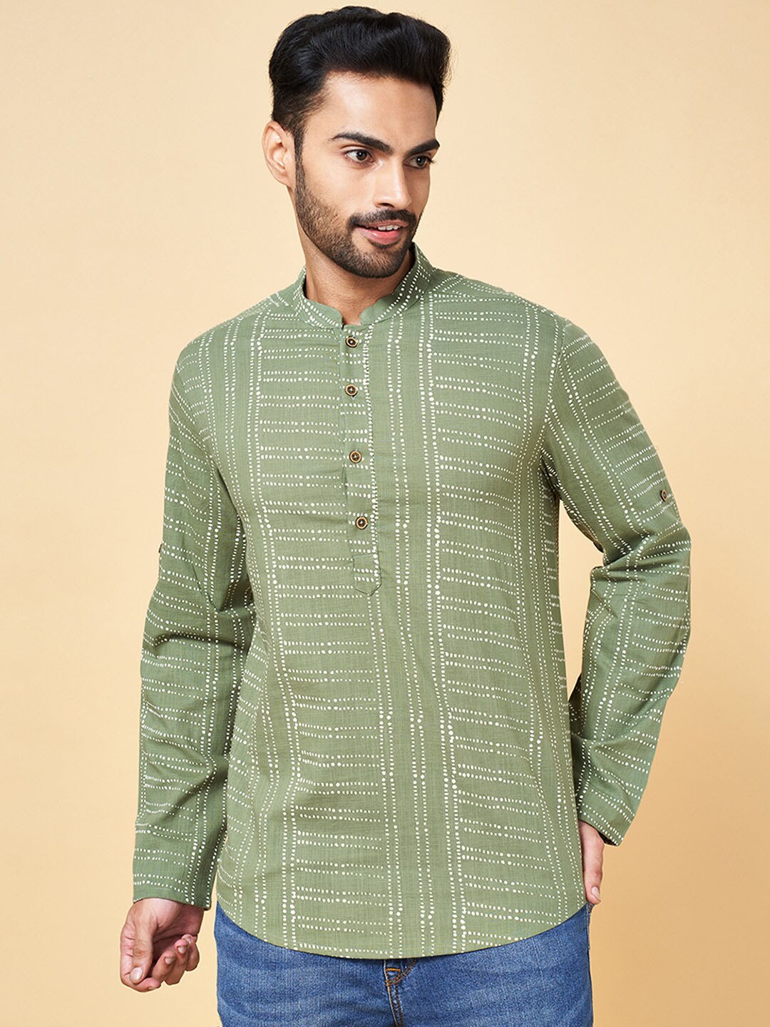 

indus route by Pantaloons Striped Thread Work Cotton Pathani Kurta, Olive