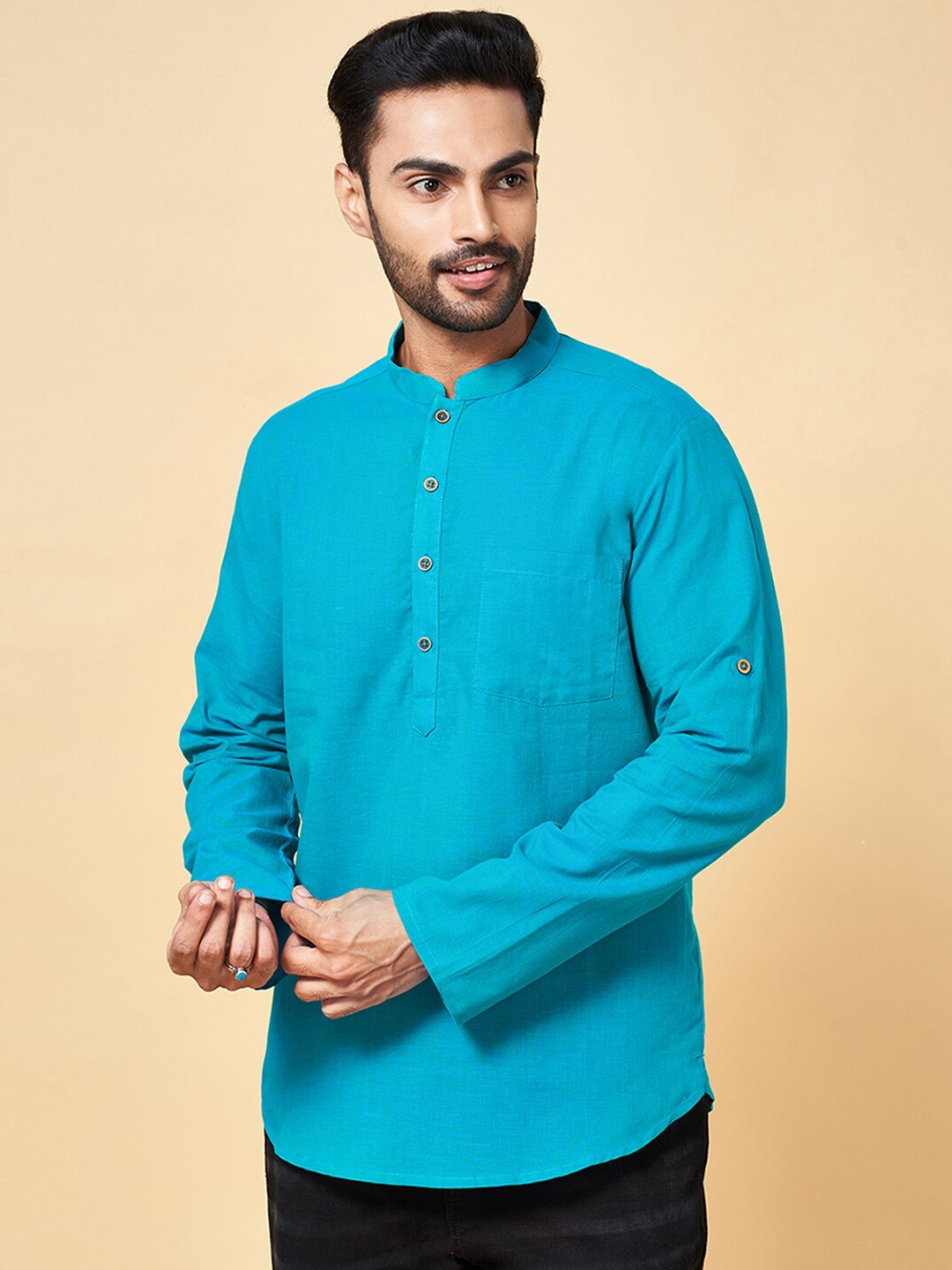 

indus route by Pantaloons Mandarin Collar Cotton Pathani Kurta, Turquoise blue