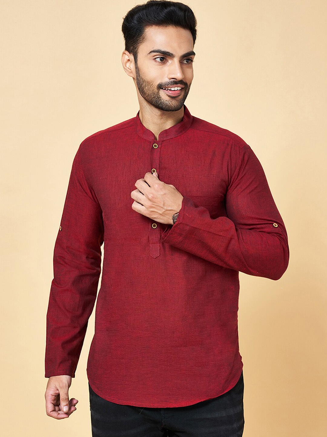 

indus route by Pantaloons Mandarin Collar Thread Work Pathani Kurta, Maroon