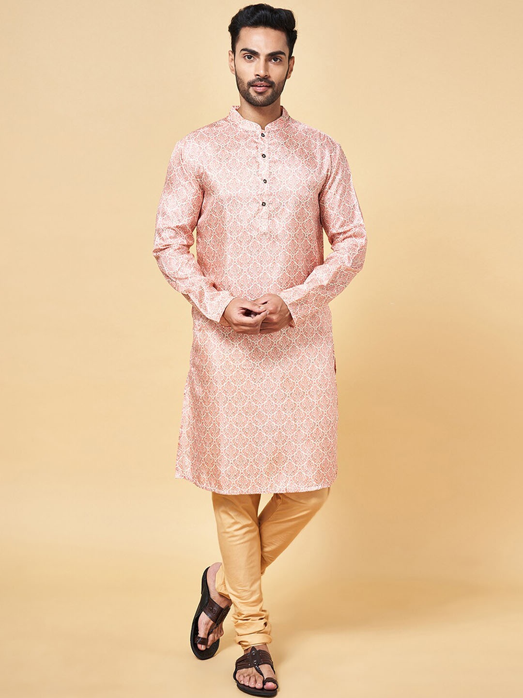 

indus route by Pantaloons Ethnic Woven Design Mandarin Collar Straight Kurta, Peach