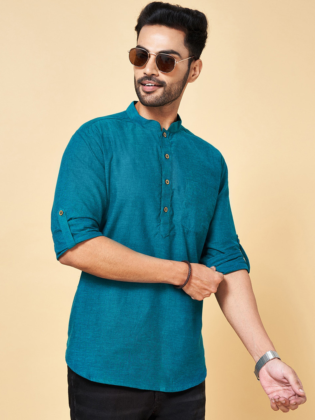 

indus route by Pantaloons Mandarin Collar Straight Kurta, Teal