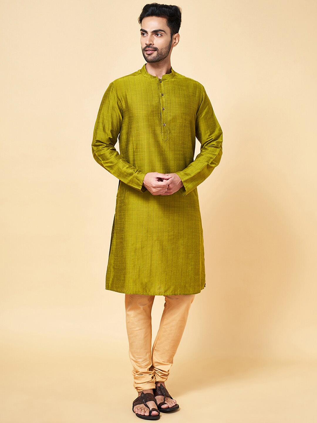 

indus route by Pantaloons Mandarin Collar Thread Work Pathani Kurta, Olive