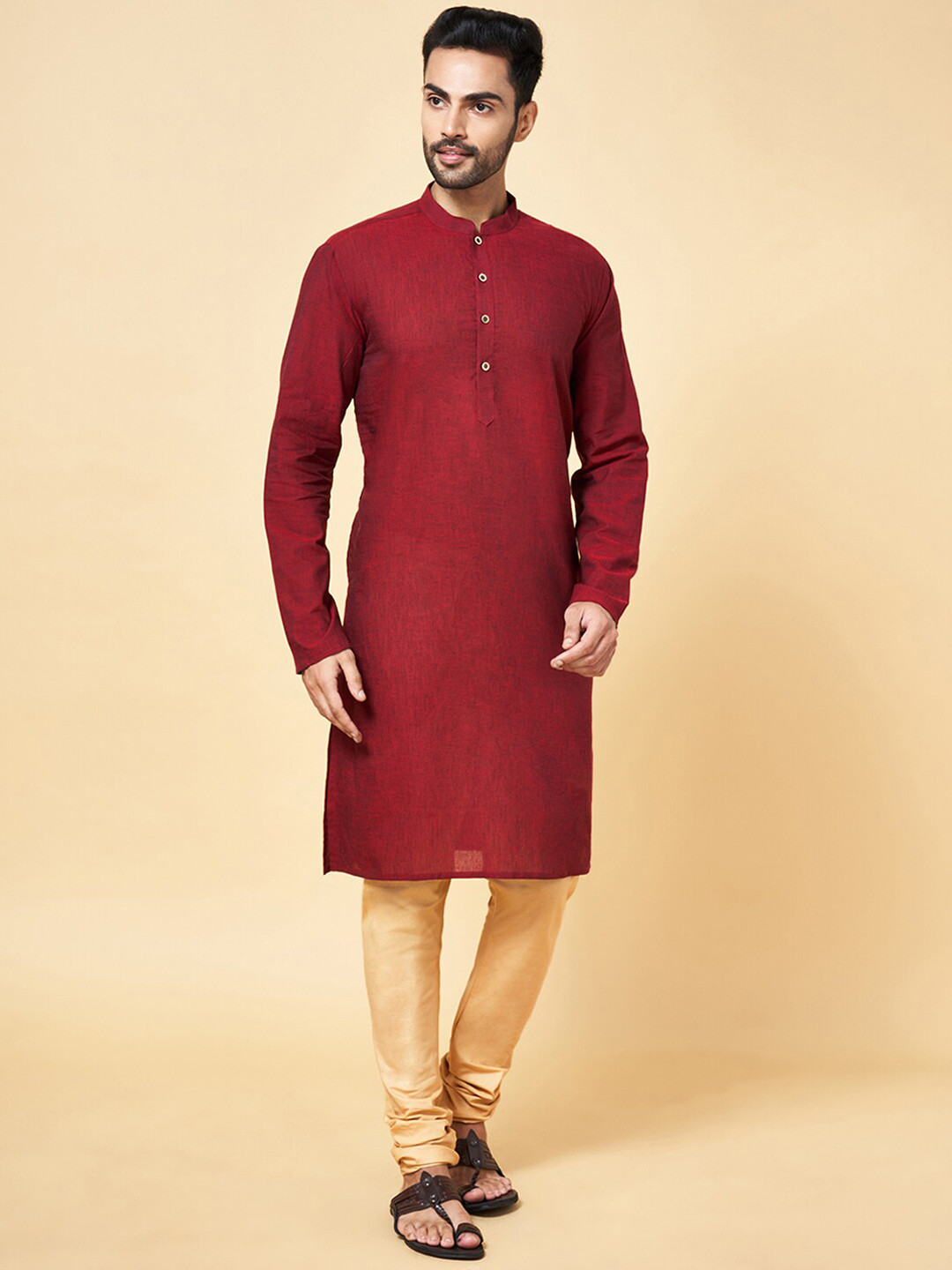 

indus route by Pantaloons Abstract Printed Mandarin Collar Cotton Kurta, Maroon