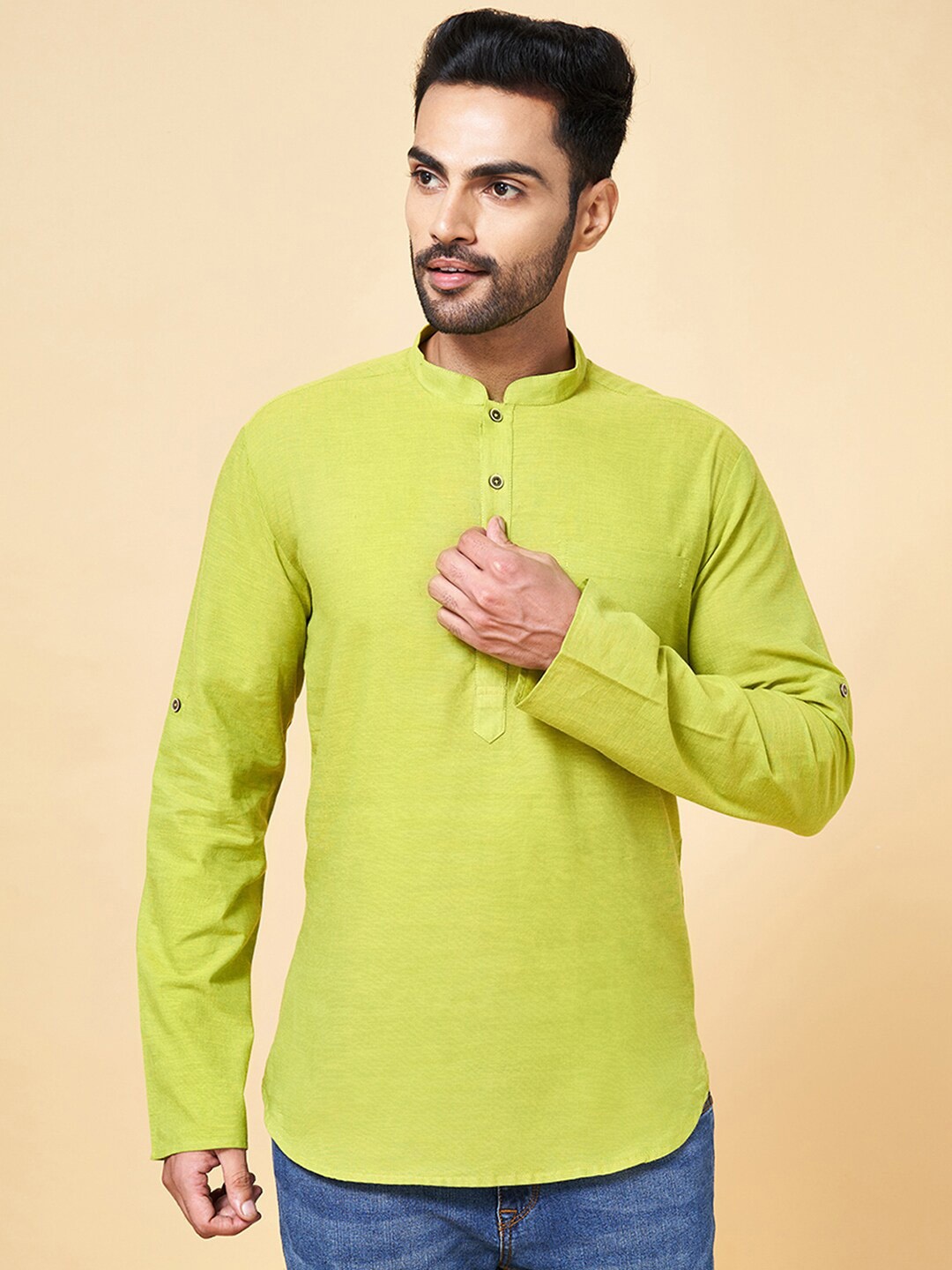 

indus route by Pantaloons Mandarin Collar Cotton Kurta, Lime green