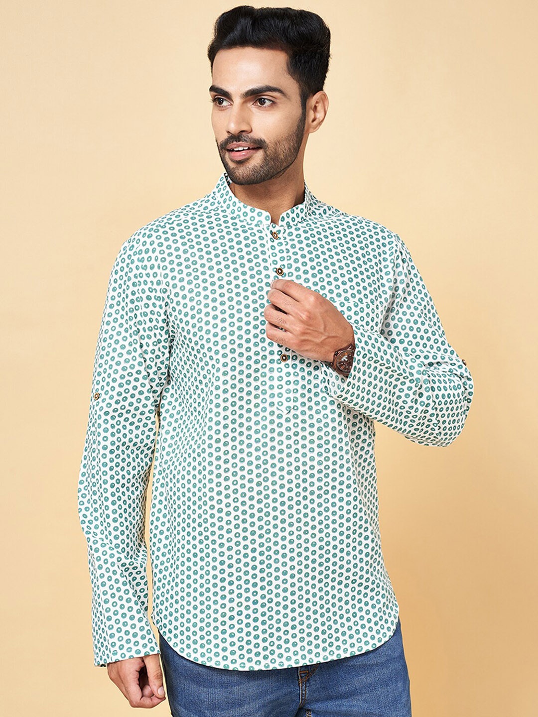 

indus route by Pantaloons Geometric Printed Mandarin Collar Cotton Kurta, Green