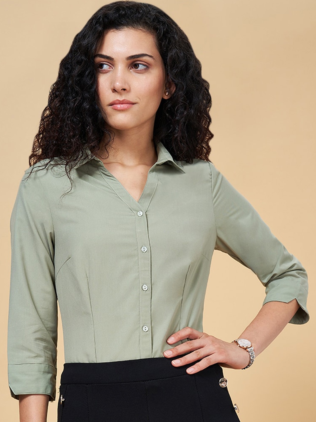 

Annabelle by Pantaloons Spread Collar Long Sleeve Formal Shirt, Olive