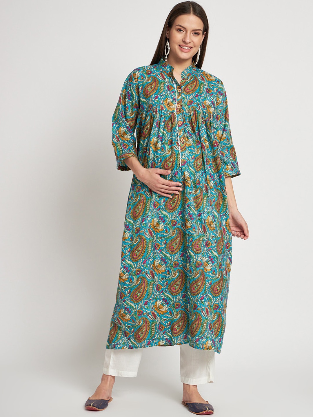 

Aujjessa Paisely Printed Flared Sleeves Anarkali Maternity Feeding Pure Cotton Kurta, Turquoise blue