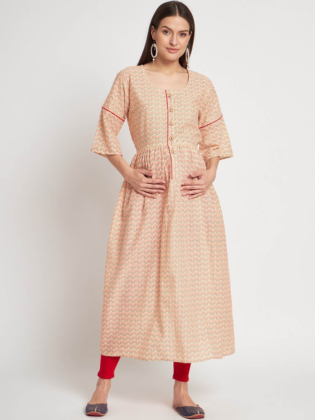 

Aujjessa Chevron Printed Flared Sleeves Anarkali Maternity Feeding Pure Cotton Kurta, Off white