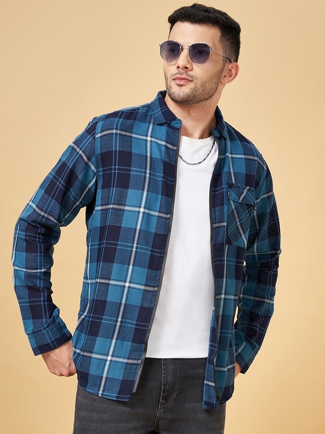 

SF JEANS by Pantaloons Slim Fit Tartan Checked Cotton Casual Shirt, Teal
