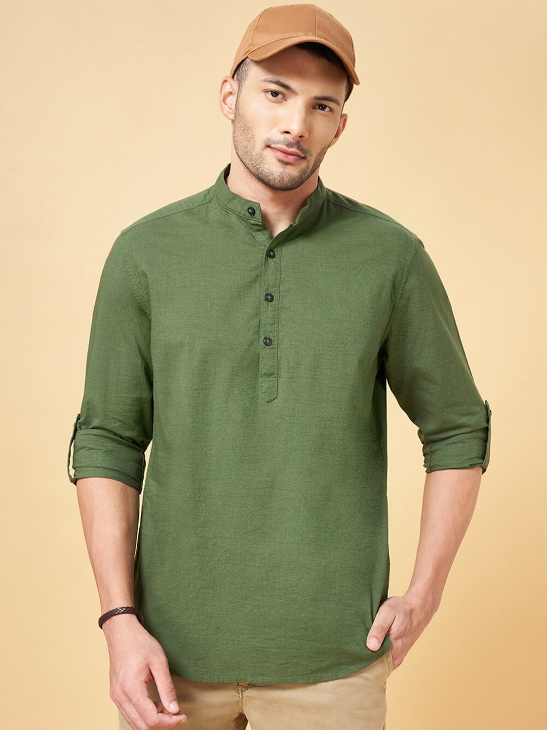 

Urban Ranger by pantaloons Mandarin Collar Roll-Up Sleeves Cotton Casual Shirt, Olive