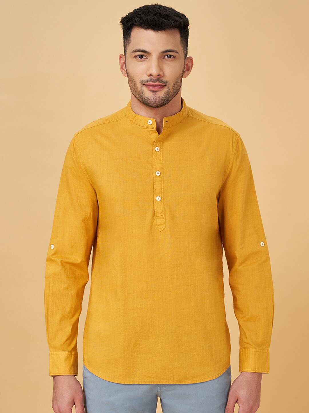 

Urban Ranger by pantaloons Band Collar Roll-Up Sleeves Cotton Casual Shirt, Mustard