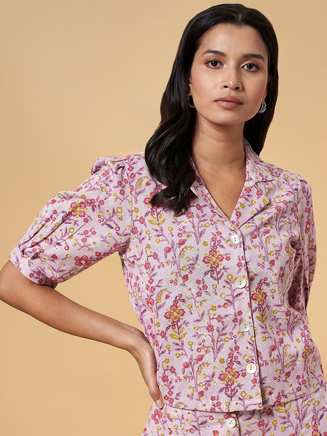 

AKKRITI BY PANTALOONS Floral Printed Cotton Shirt Style Top, Purple