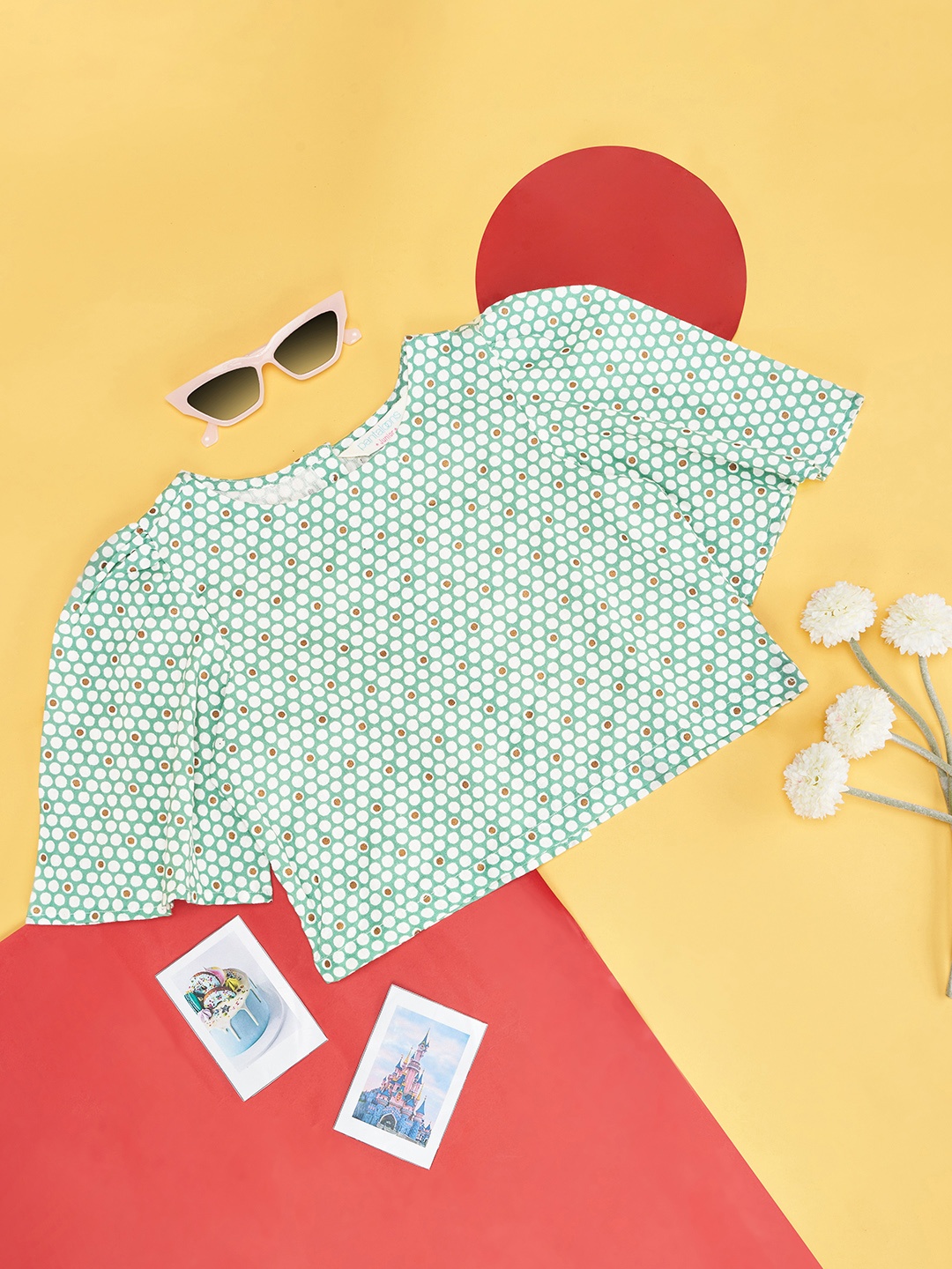 

AKKRITI BY PANTALOONS Girls Polka Dot Printed Flared Sleeve Cotton Top, Sea green