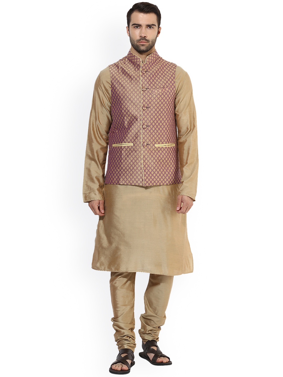 

KISAH Men Beige Self Design Kurta with Churidar & Nehru Jacket