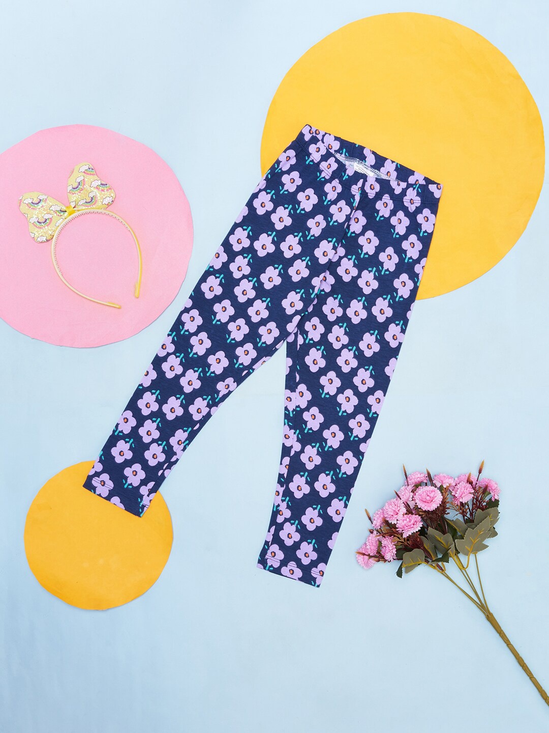 

Pantaloons Junior Girls Floral Printed Cotton Track Pants, Navy blue