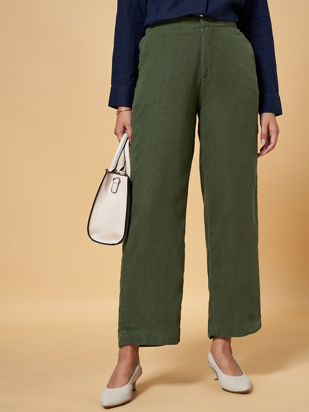 

Annabelle by Pantaloons Women High-Rise Formal Parallel Trousers, Olive