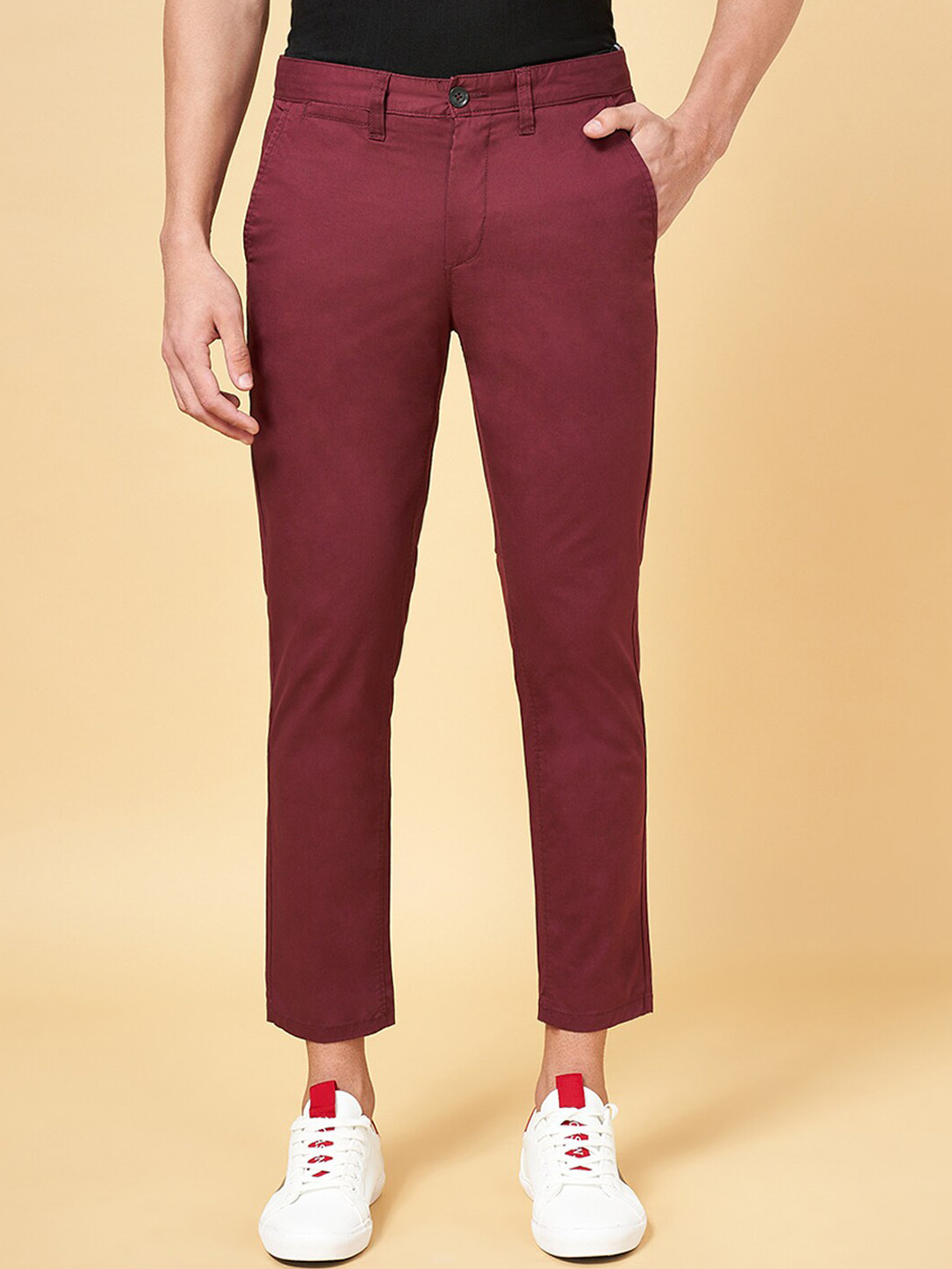 

BYFORD by Pantaloons Men Slim Fit Mid Rise Trousers, Maroon