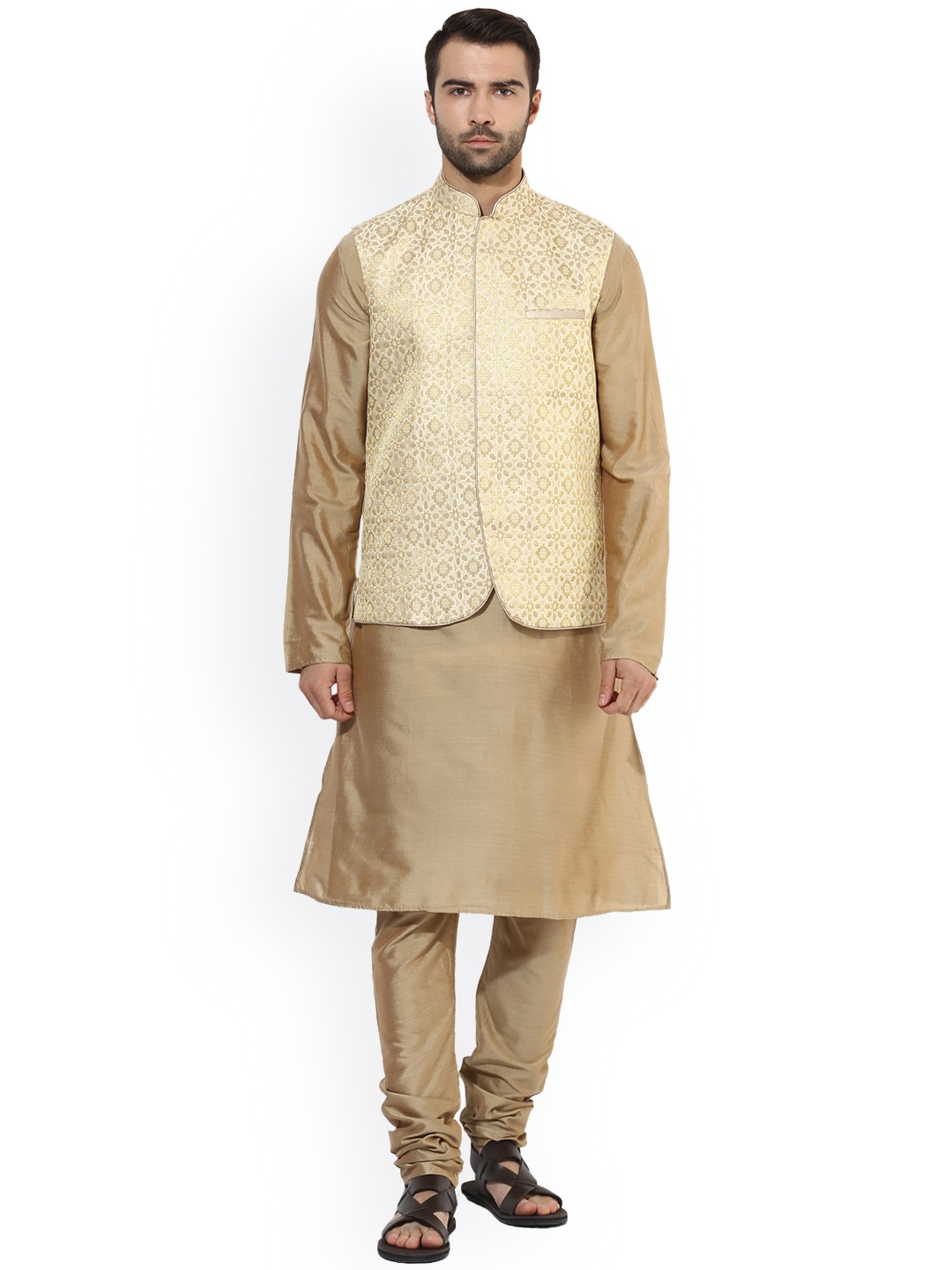 

KISAH Men Beige & Cream-Coloured Self Design Kurta with Churidar & Nehru Jacket